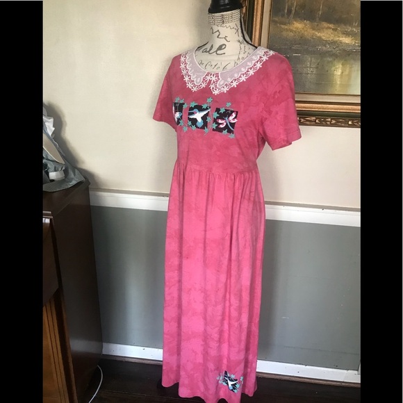 Rare Pink Tie Dye Hummingbird Lace Collar Dress M - Picture 2 of 15